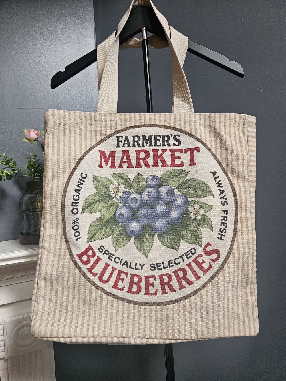 🫐 Large Farmer's Market, Beaded Blueberries Canvas Tote - Beige Stripe 🫐